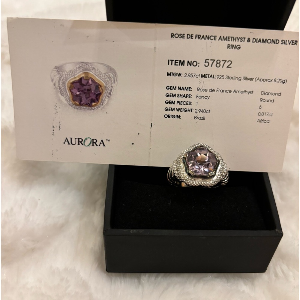 Rose De France Amethyst & Diamond Sterling Silver Ring. Substantial band.